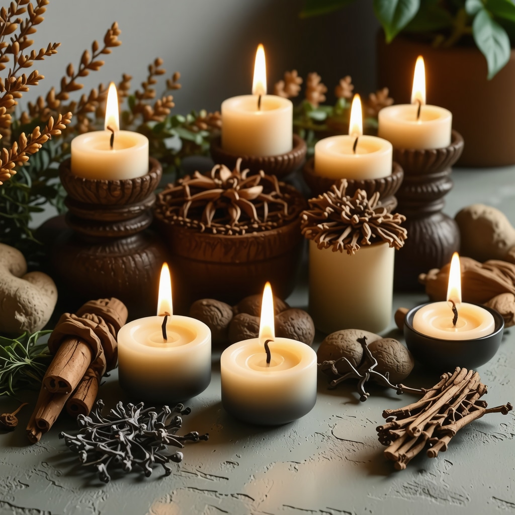 Altar hogareño con velas encendidas, hierbas aromáticas y objetos espirituales para ritual de protección