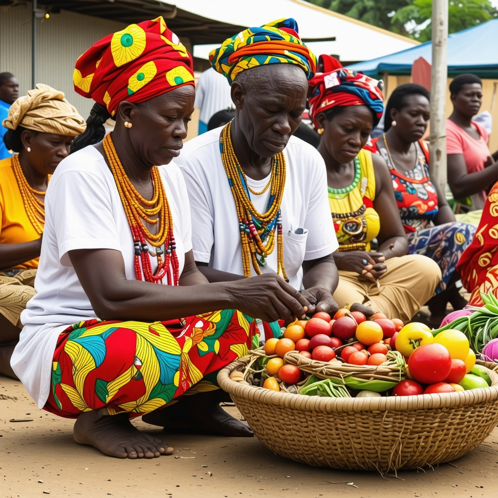 Healer performing traditional prosperity ritual with symbolic objects in Guinea Ecuatorial market