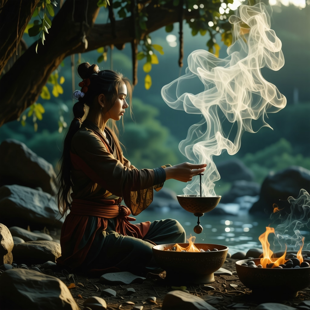 Persona realizando un ritual de purificación con aire, plumas e incienso en la naturaleza