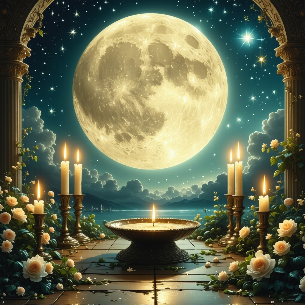 Altar ritual bajo la luna llena con planetas Venus y Júpiter visibles en el cielo estrellado