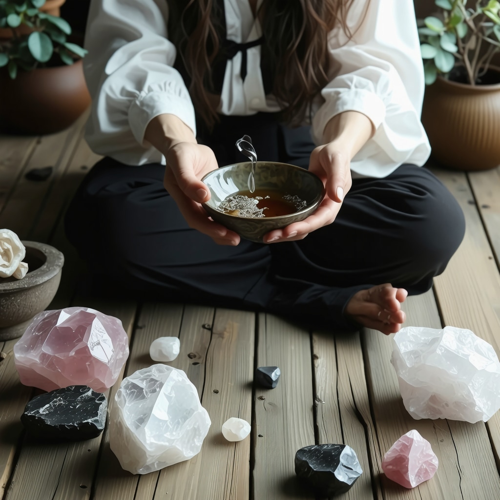 Person practicing mindful tea drinking surrounded by crystals and soft light, symbolizing spiritual connection and sensory awareness