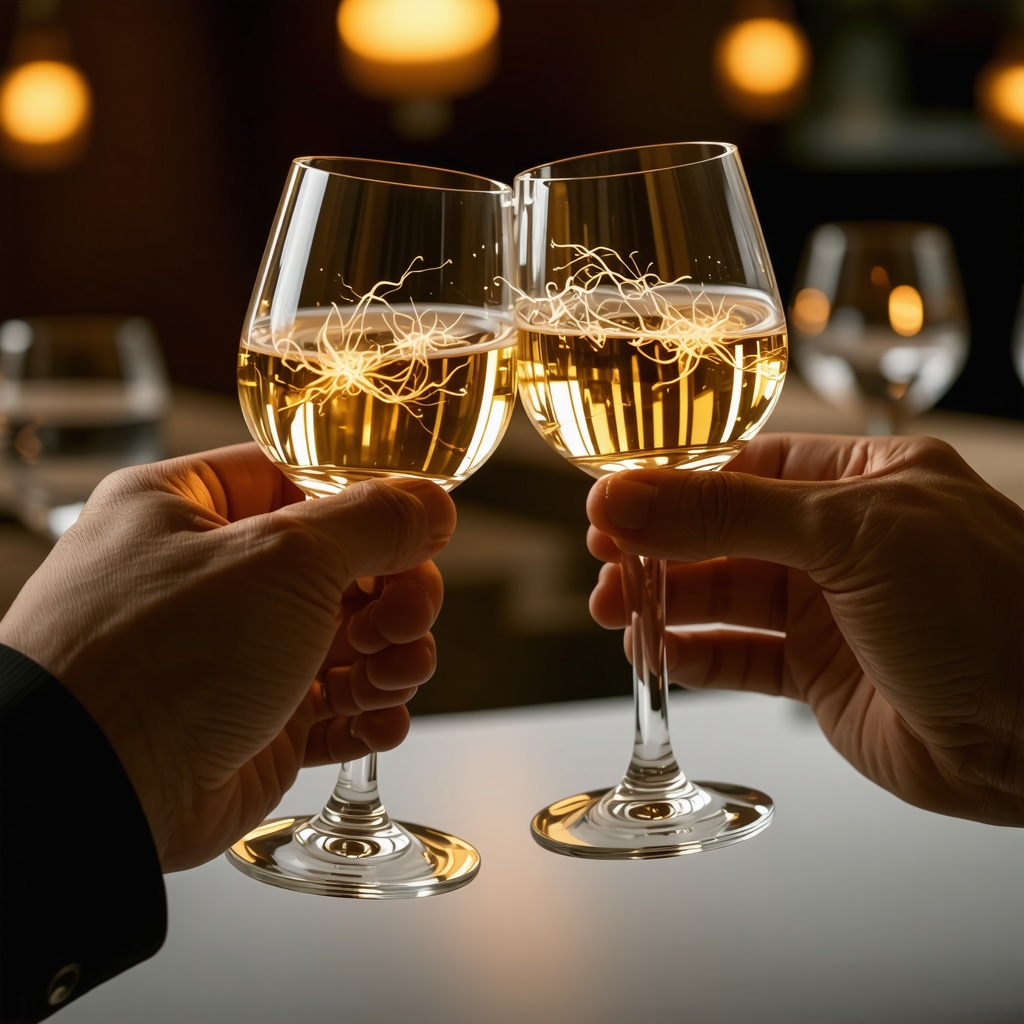 Two hands clinking glasses in a toast with warm lighting and symbolic positive energy waves