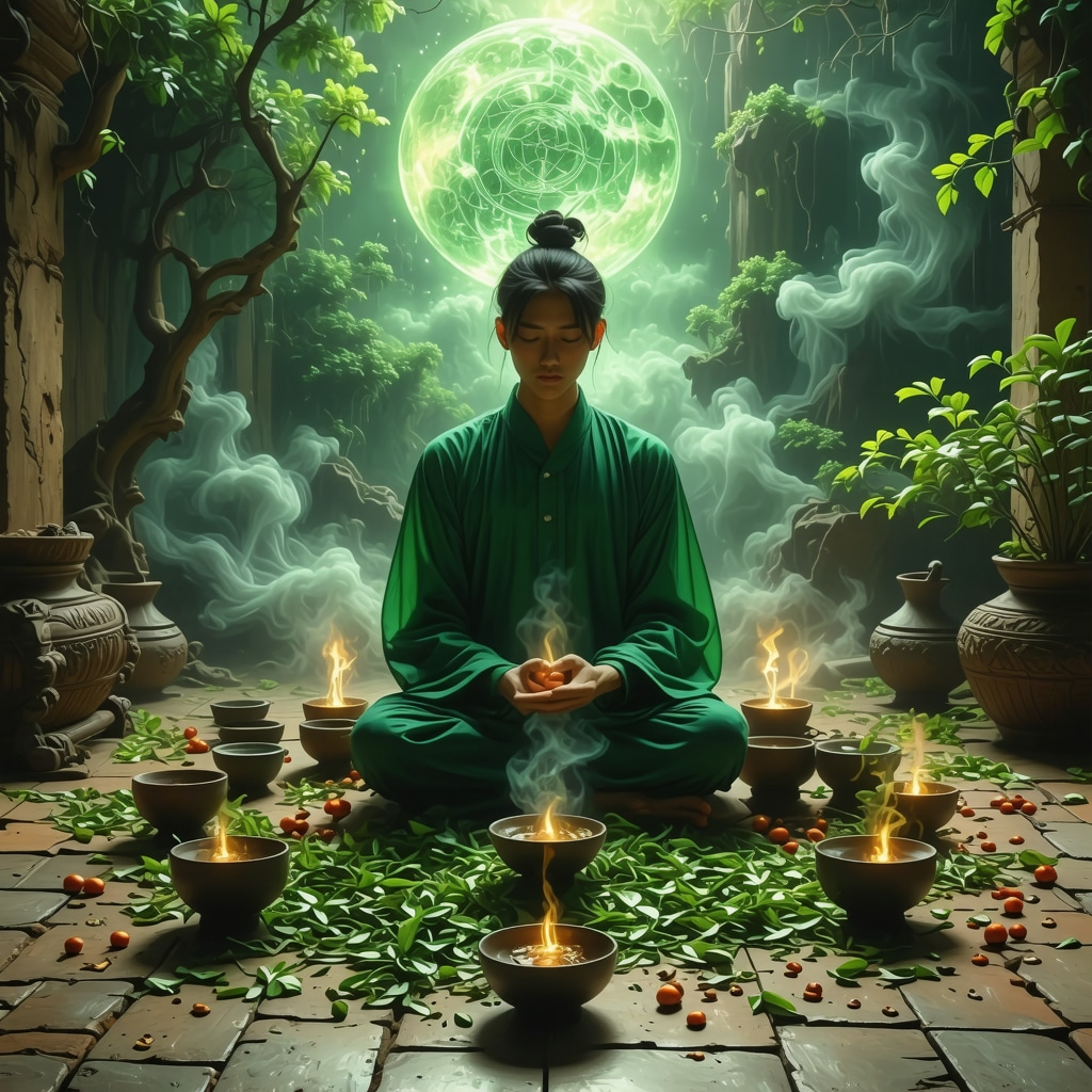 Persona realizando ritual simbólico con hojas de té y símbolos místicos