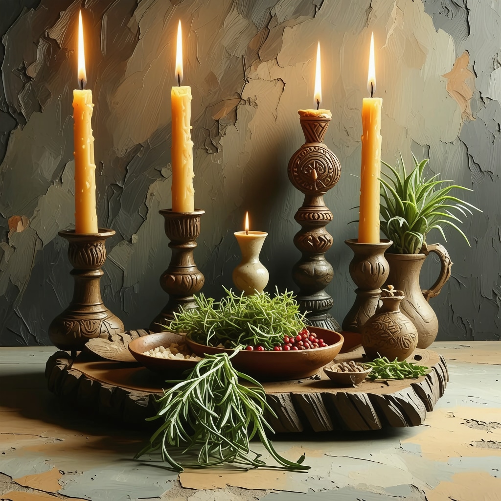 Ritual tradicional hondureño con elementos naturales y amuletos simbólicos Ritual hondureño con hierbas, velas y amuletos en un entorno ancestral