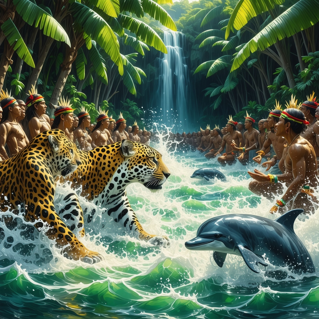 Indigenous people performing rituals celebrating sacred animals surrounded by nature