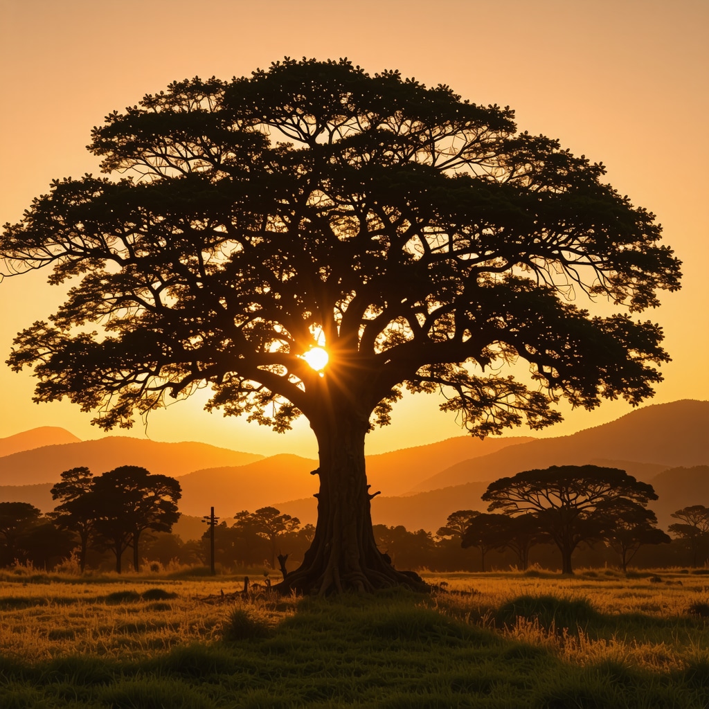 Sacred Ceiba tree with traditional Salvadoran symbols at sunset representing spirituality and cultural heritage