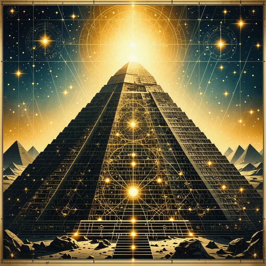 Ancient Egyptian pyramid blueprint with sacred geometry and star alignments depicted