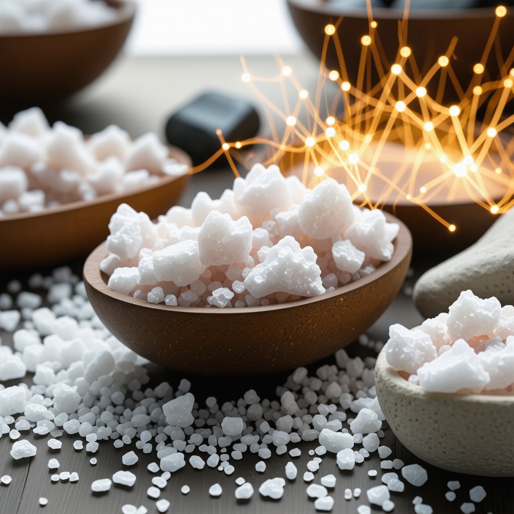 Crystalline salt structure with energy waves and neural activity overlays representing advanced scientific understanding of salt rituals