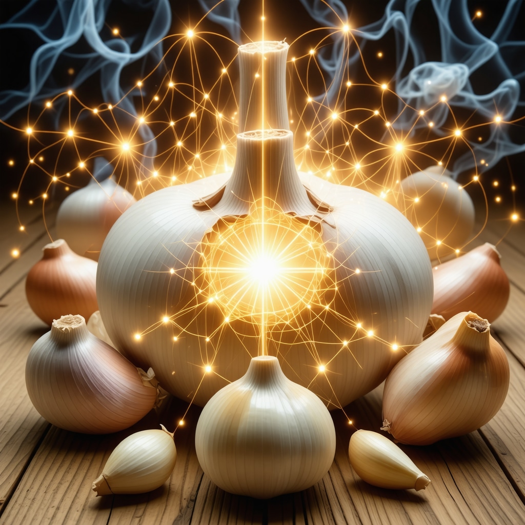 Illustration showing garlic cloves emitting energy waves interacting with human biofield and neural pathways