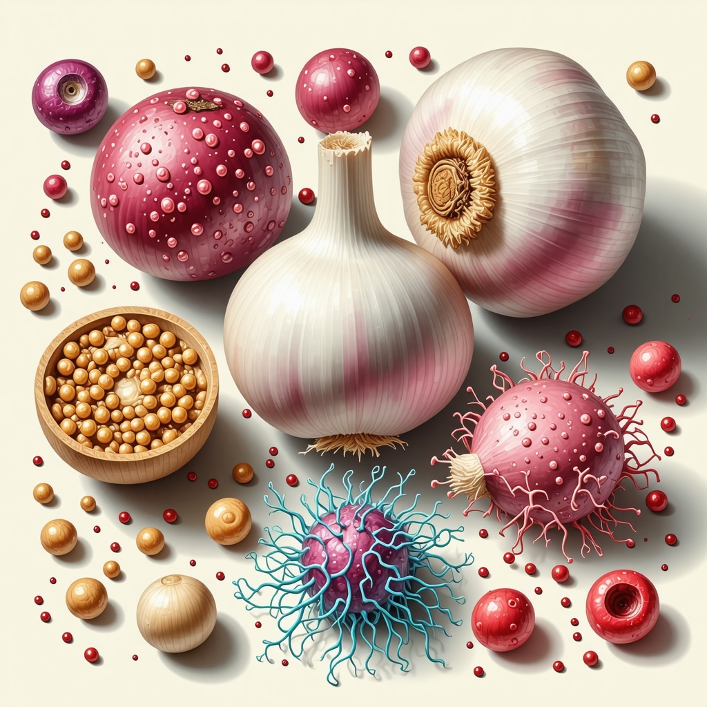 Illustration of garlic compounds affecting immune response and gut microbiota