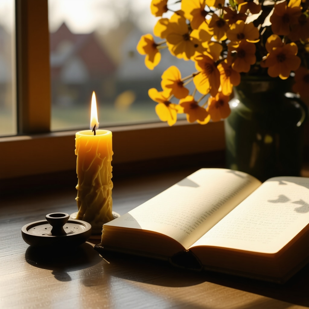 September Ritual Workspace with Candle and Journal Workspace with yellow candle, talisman, and journal representing September rituals for fortune and focus