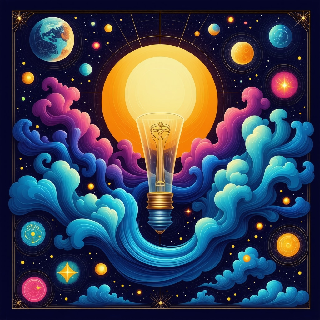 Ilustración abstracta de un nombre con símbolos de psicología, numerología y branding integrado con motivos culturales