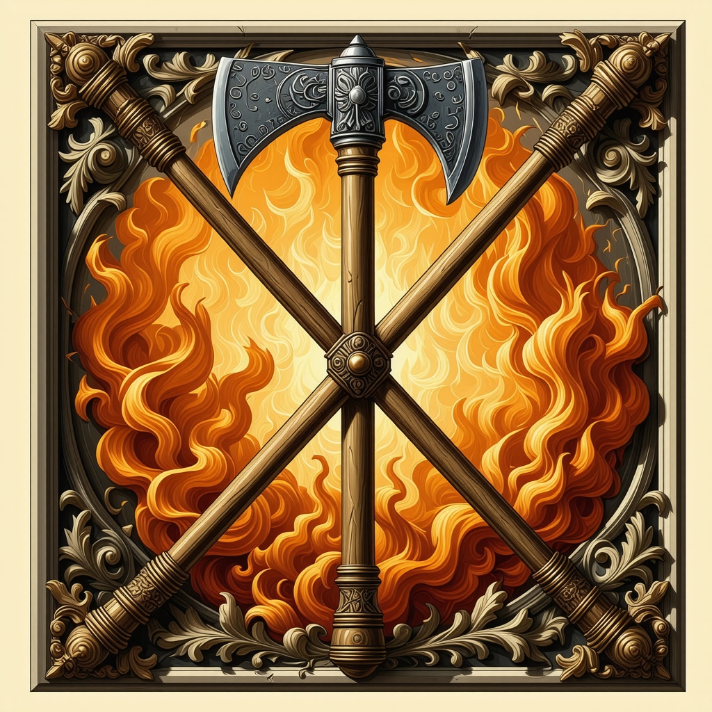 Representación artística del fasces romano con motivos de fuego que simbolizan protección y autoridad