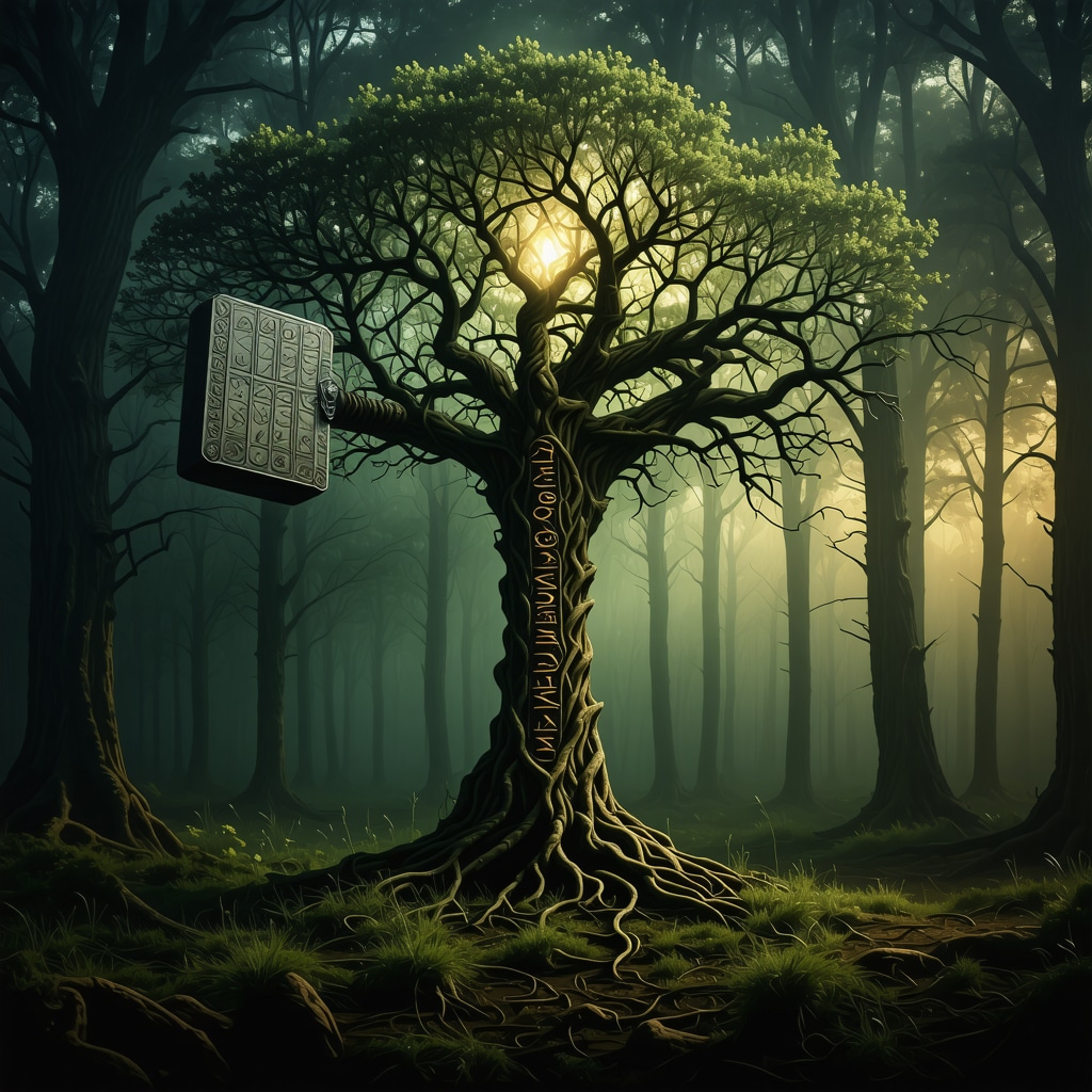 Collage artístico con Yggdrasil, martillo de Thor y runas germánicas en un bosque místico
