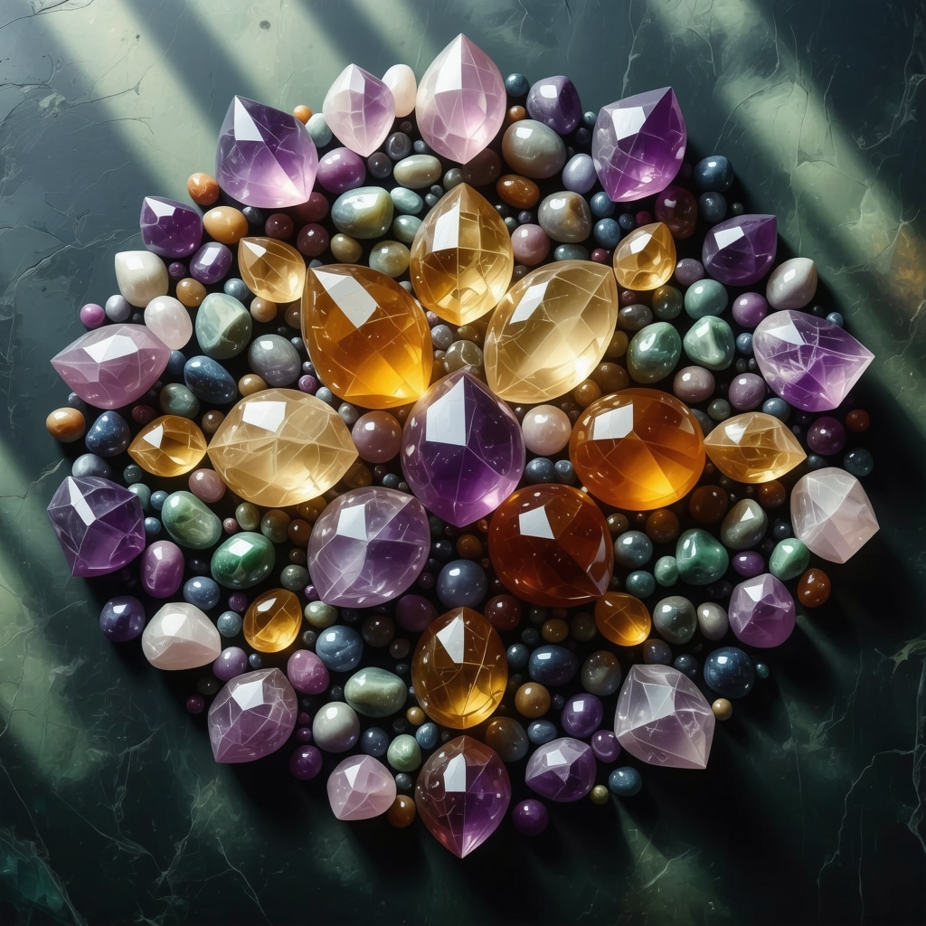 Arreglo de piedras preciosas en patrón geométrico sagrado con luz suave para ilustrar sinergia energética
