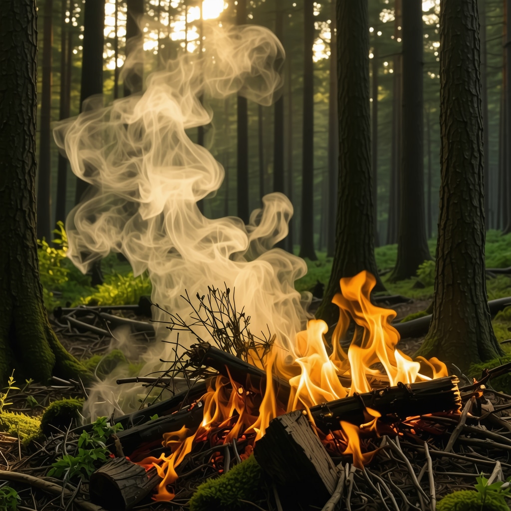 Smoke from burning cedar and sage in a Canadian forest during a smudging ritual with glowing fire symbols in background