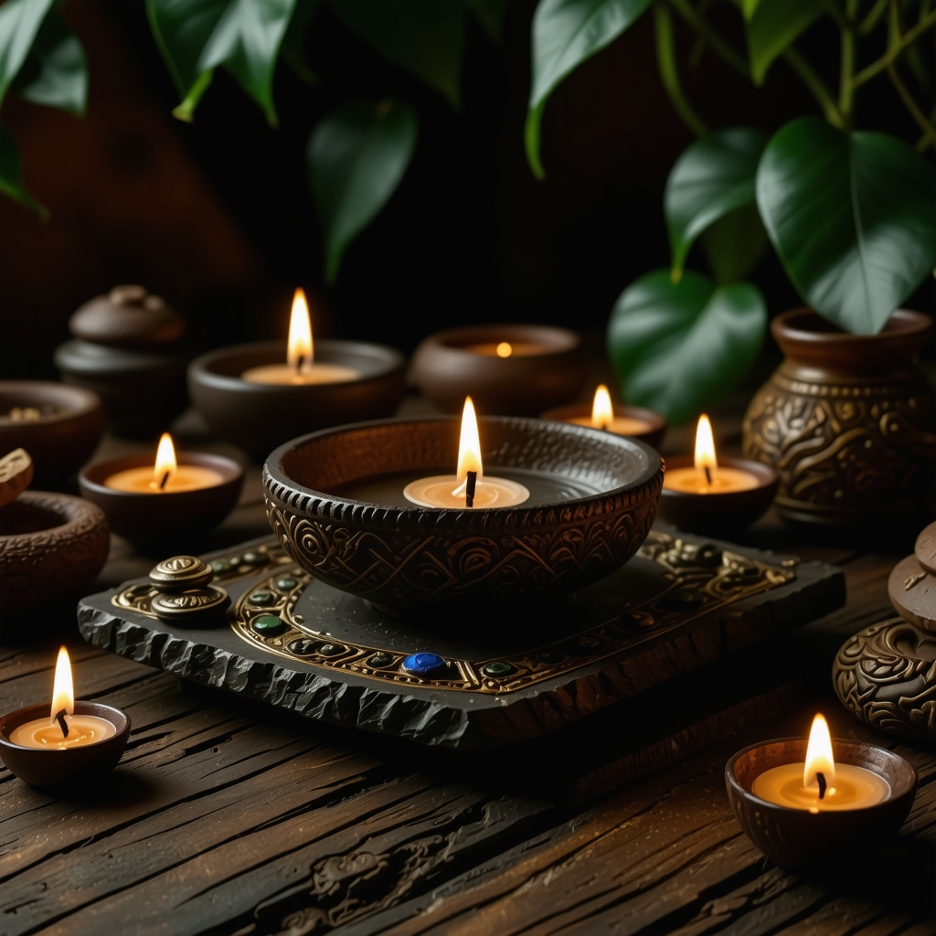 An altar featuring ancestral amulets, mandalas, and natural elements glowing softly symbolizing spiritual energy