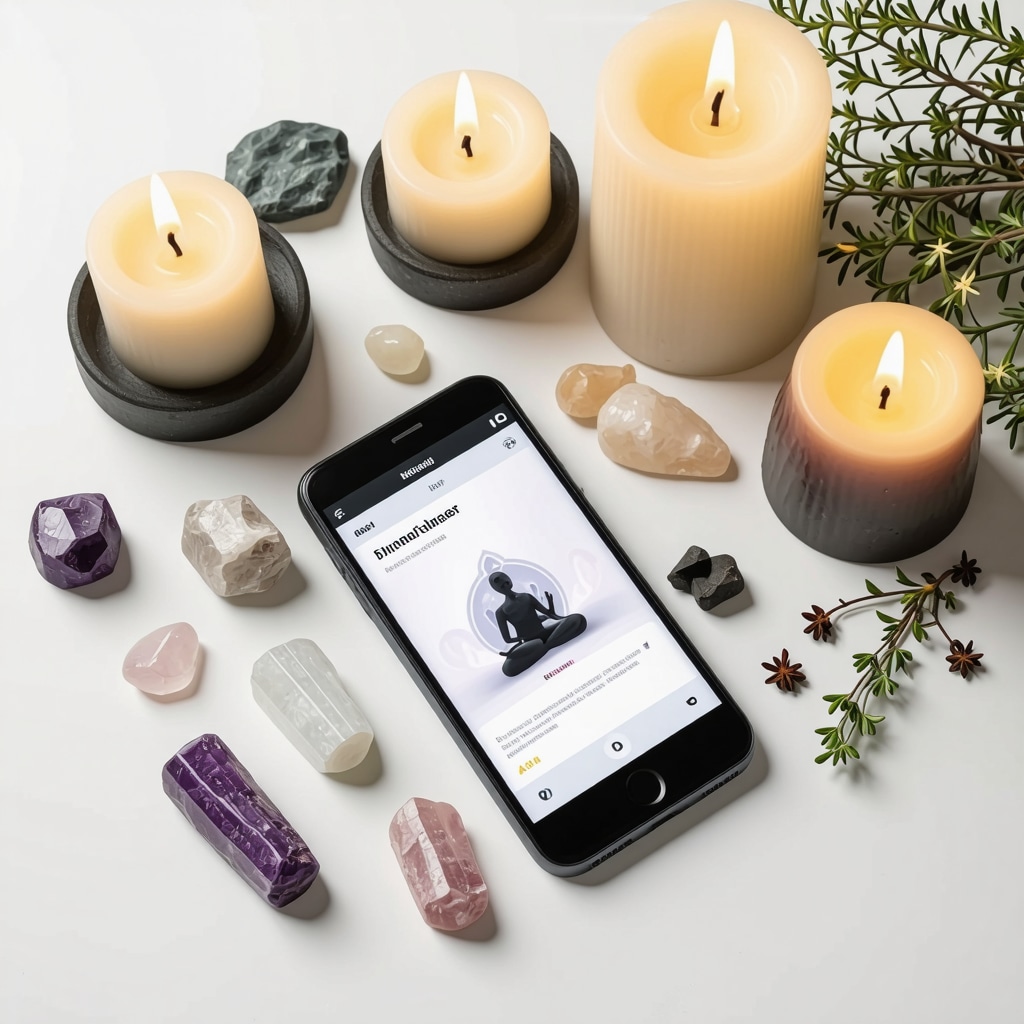 A peaceful ritual setting with candles, crystals, herbs, and a smartphone showing meditation app on a wooden table
