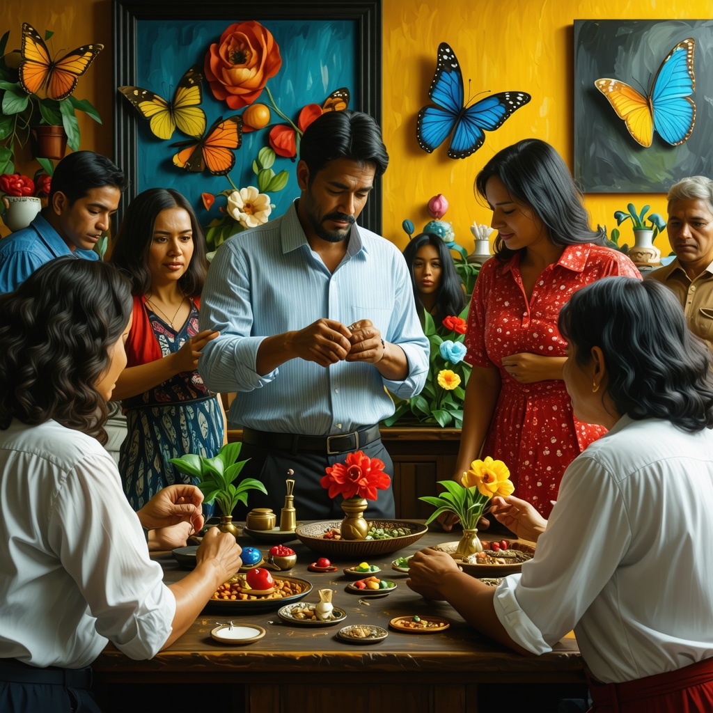Cuban office workers performing traditional rituals with symbolic objects to enhance workplace harmony