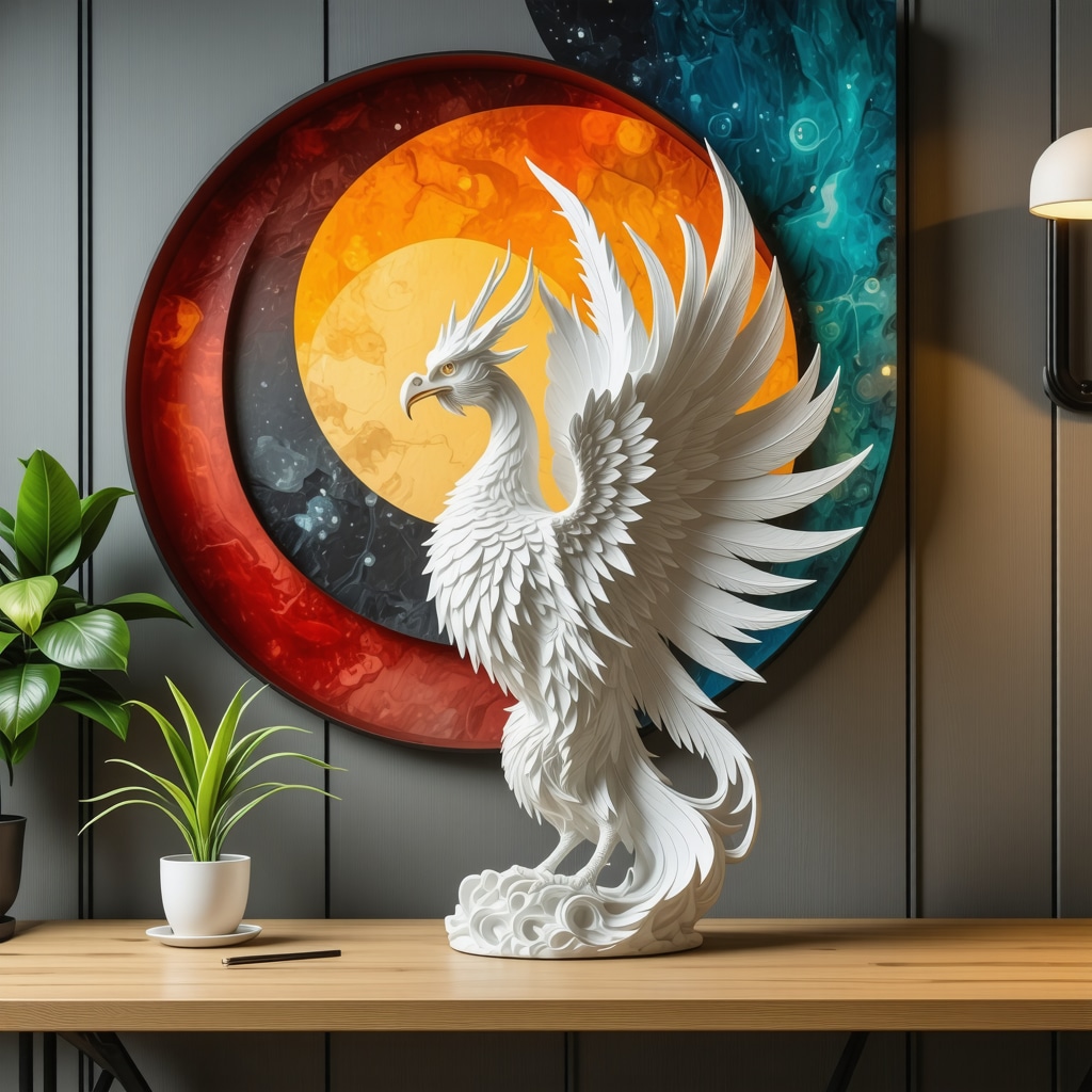 Modern office with phoenix sculpture and spiral wall patterns symbolizing leadership and creativity