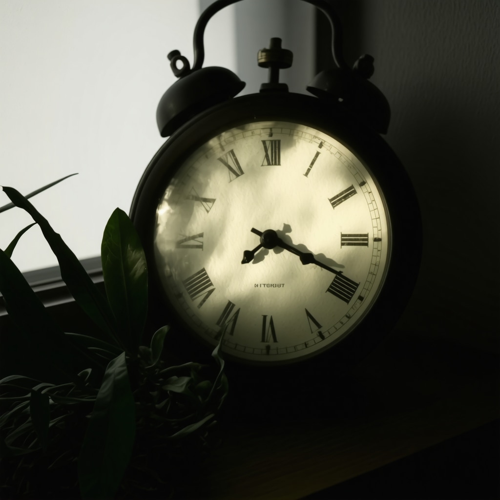 Everyday objects such as a stopped clock, fogged mirror, and wilting plant illuminated with mystical light signifying hidden presages