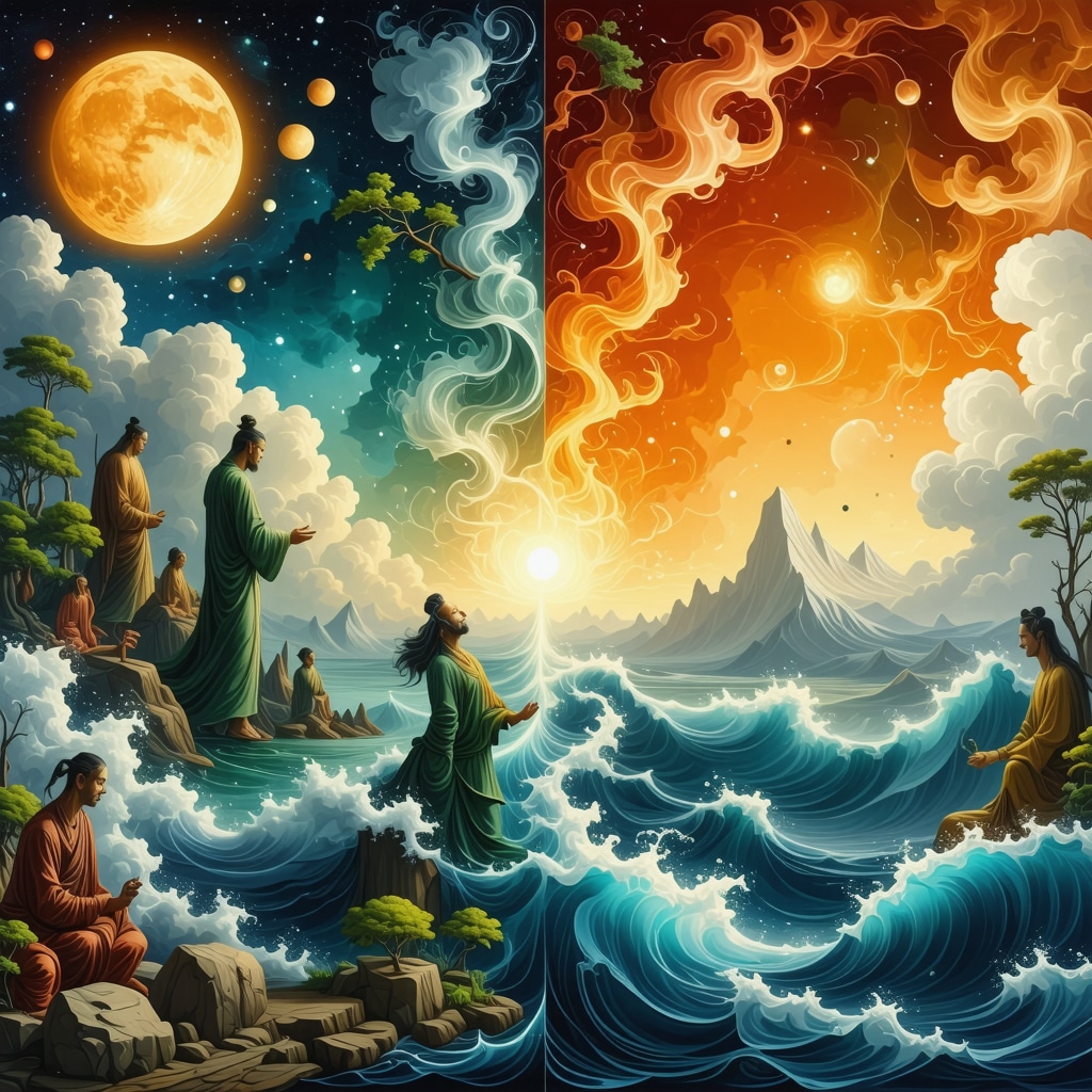 Artistic representation combining water, fire, earth, and air with archetypal symbols from diverse cultures