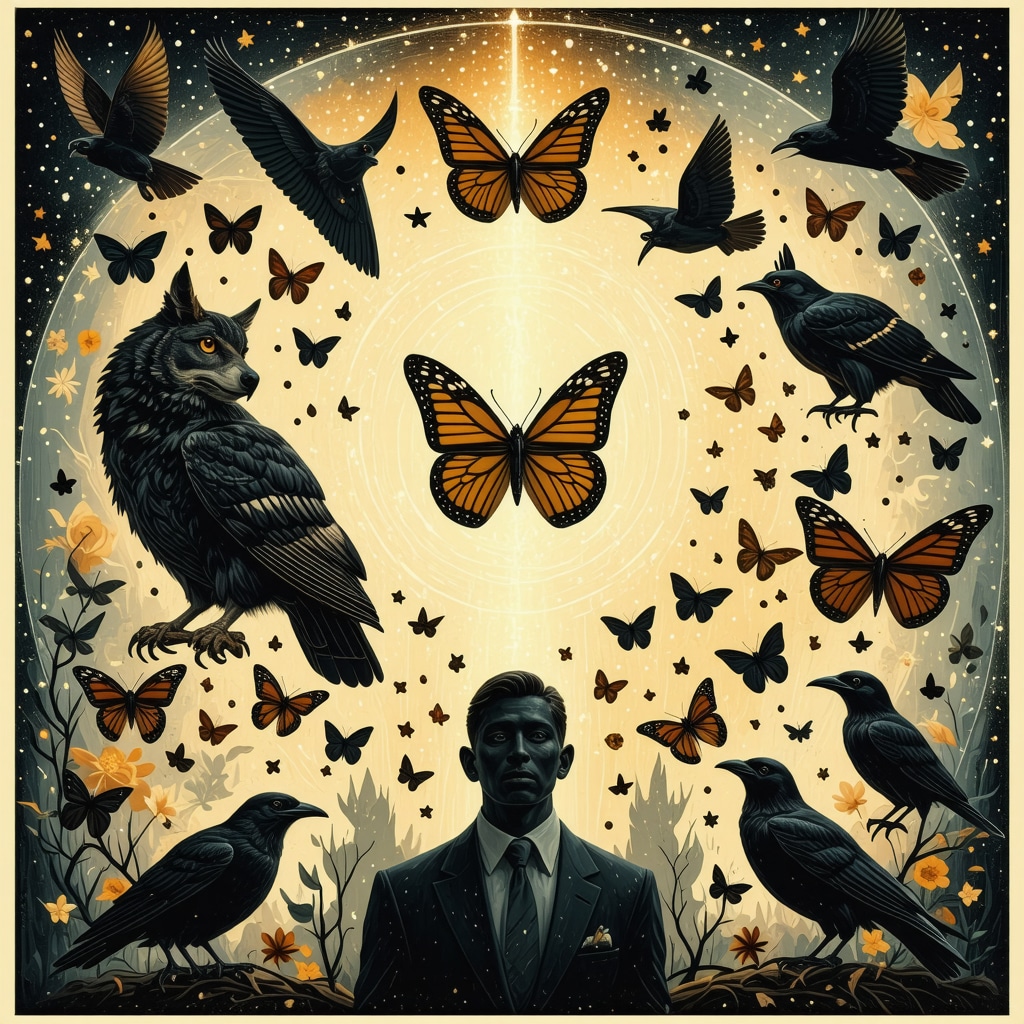 Illustration depicting animals connected with cosmic symbols and human figures symbolizing spiritual messages