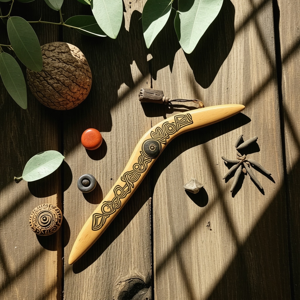 Australian boomerang, eucalyptus leaves and cultural amulets representing protection