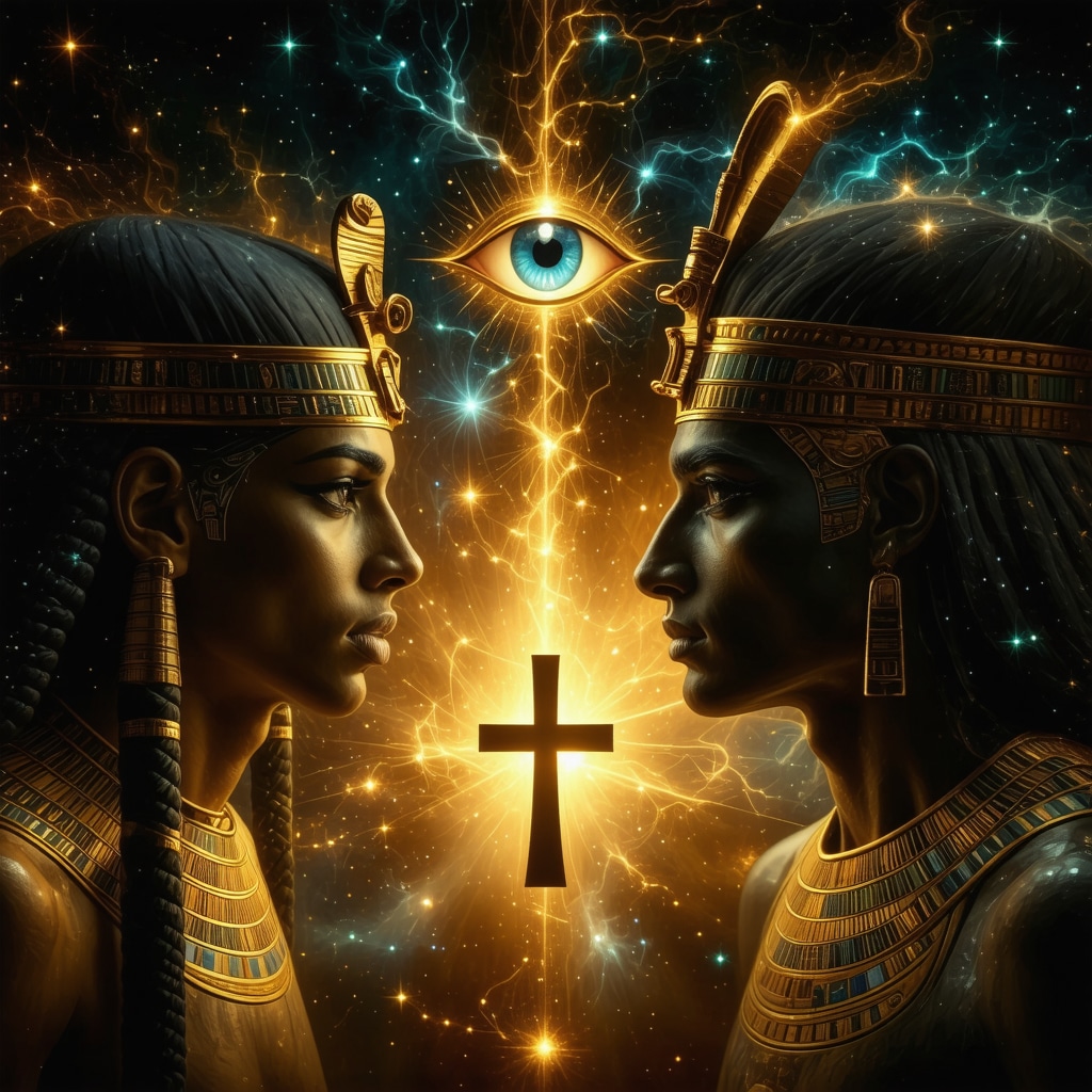 Illustration of Egyptian gods Isis, Osiris, Horus with Eye of Horus and Ankh symbols glowing in cosmic background