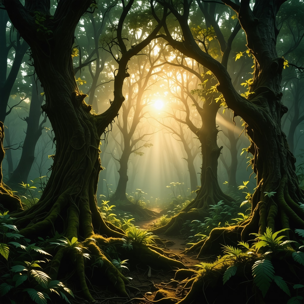 Ancient German folklore symbols combined with natural elements in a mystical forest setting