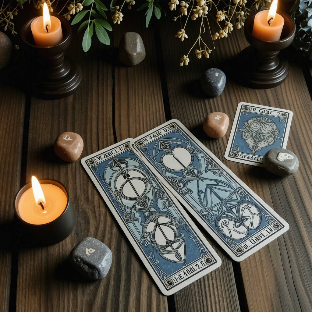 A wooden table with tarot cards and runic stones illuminated by candlelight, symbolizing advanced love divination practices
