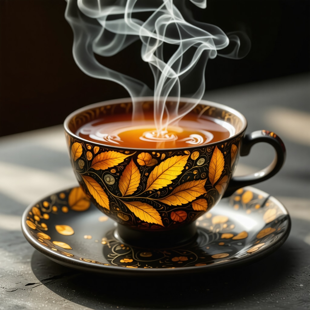 Tea cup showing complex leaf patterns combining ancient symbols and modern digital motifs