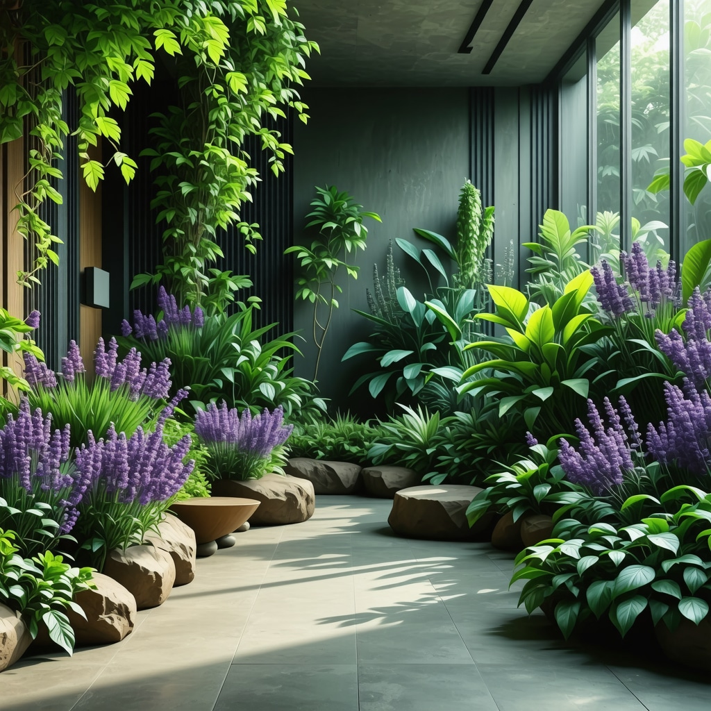 Modern therapeutic garden with symbolic plants and digital symbolism overlays