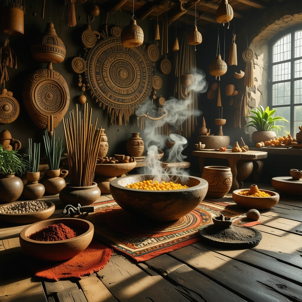 Therapist and patient in a session surrounded by Aztec ritual elements like copal incense and amulets, symbolizing cultural integration in healing