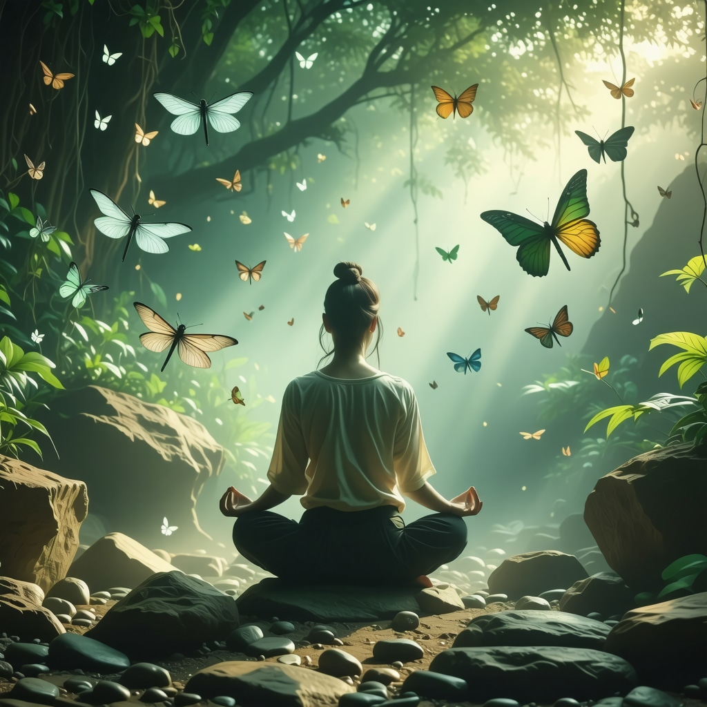 Person meditating with dragonfly symbols representing transformation and resilience