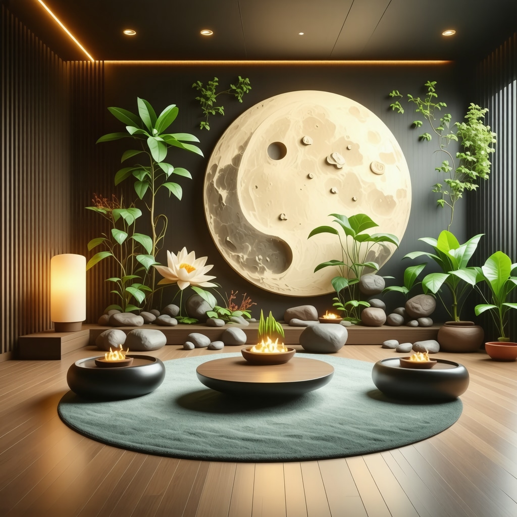 Room designed with Asian symbols like Yin Yang and Maneki-neko alongside natural elements promoting calming atmosphere