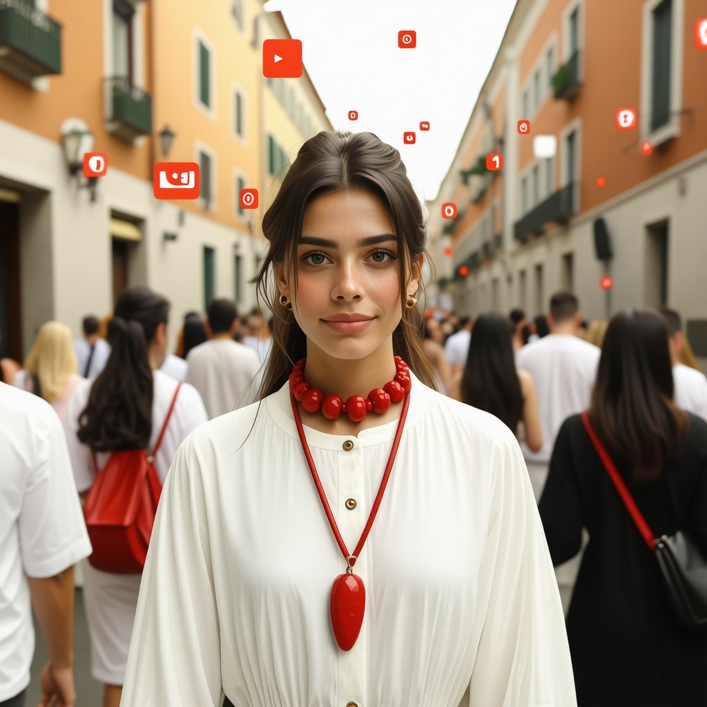 Tradition and digital culture in Italian superstition People wearing cornicello amulets on a street with social media icons symbolizing digital and traditional superstition