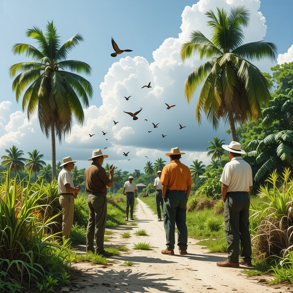 Cuban locals observing birds and insects alongside scientific weather instruments in a rural setting