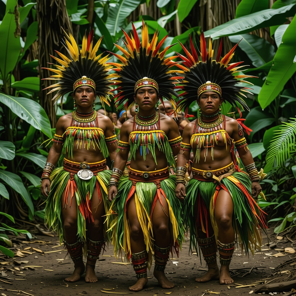Dancers in traditional Ecuadorian costumes performing ritual in Amazon rainforest representing spiritual and ecological bond