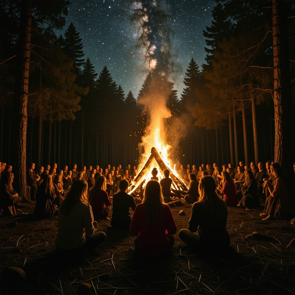 Community gathered around a large bonfire during Walpurgisnacht festival in Germany