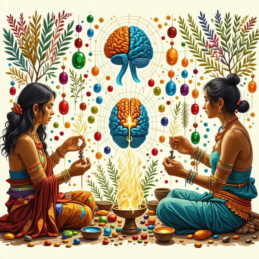 Traditional Honduran Ritual with Neuropsychological Symbolism Colorful Honduran amulets and herbs with an artistic brain neural network overlay representing neuropsychological impact