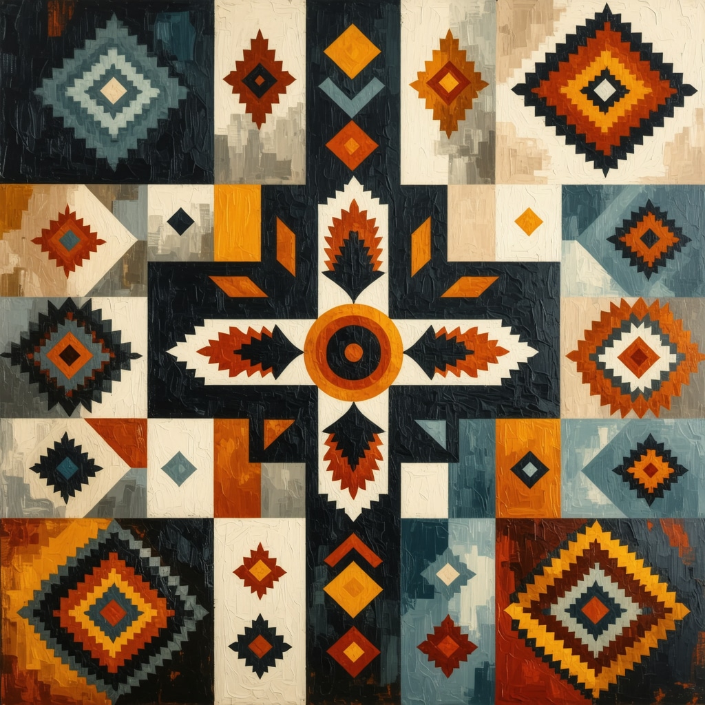 Collage of colorful traditional Latin American folk art symbols featuring geometric patterns, chakana, and Aztec motifs blending ancestral and modern styles