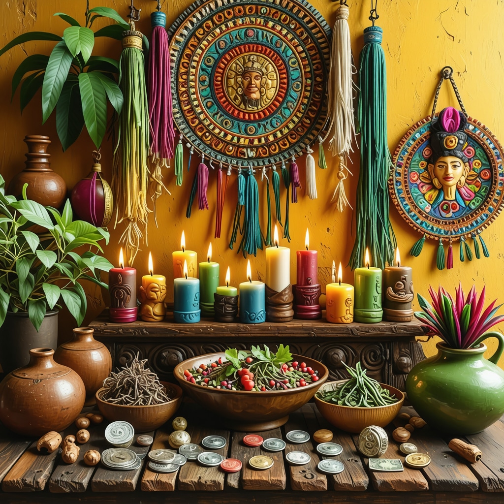 Colorful Mexican altar featuring money amulets, herbs, and candles symbolizing prosperity