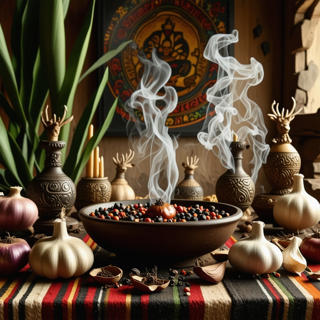 Mexican home altar featuring ojo de venado, garlic, and copal smoke symbolizing ancestral rituals