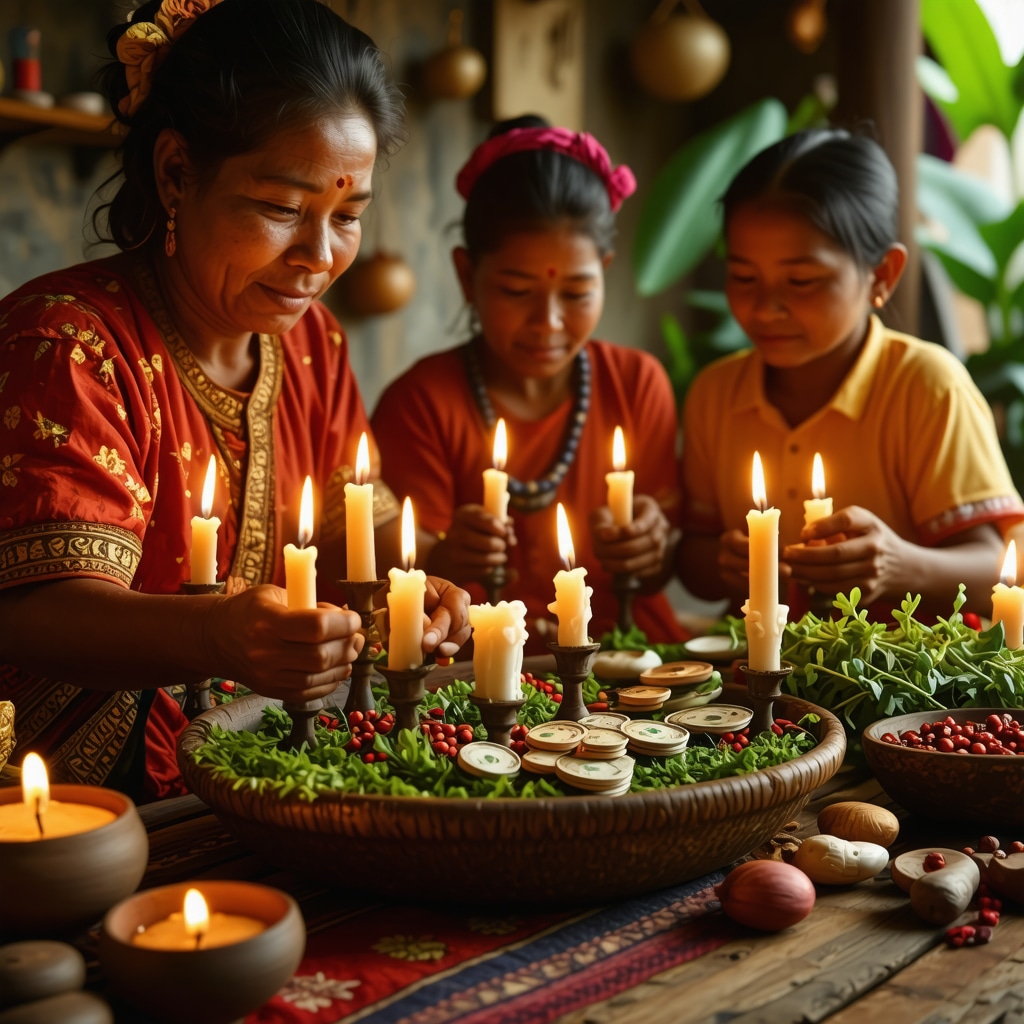 Nicaraguan family performing traditional money-attracting ritual with candles and herbs