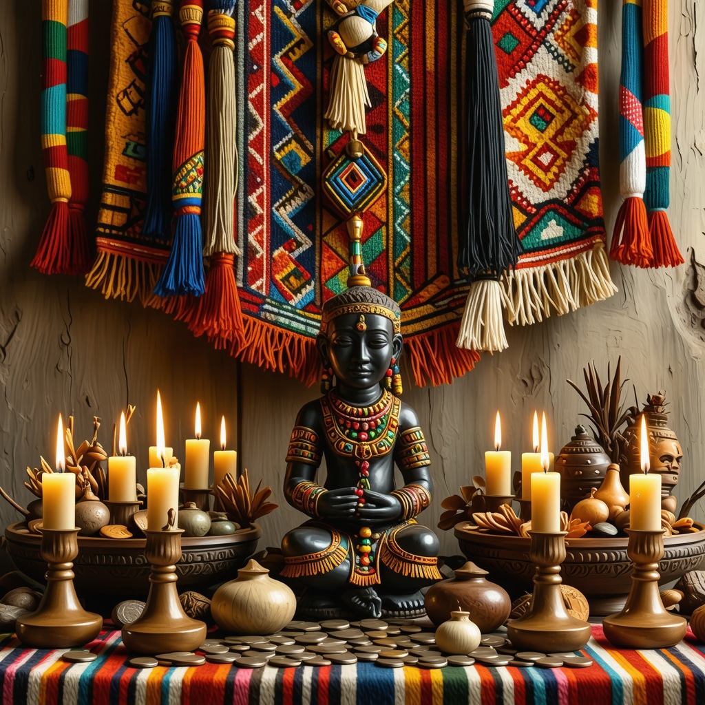 Peruvian Ekeko figure with coins and candles on a colorful textile altar symbolizing prosperity