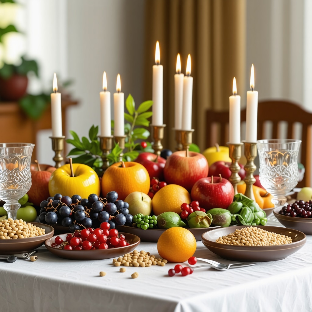 A dining table set with symbolic foods and decorations representing abundance and prosperity in a family home