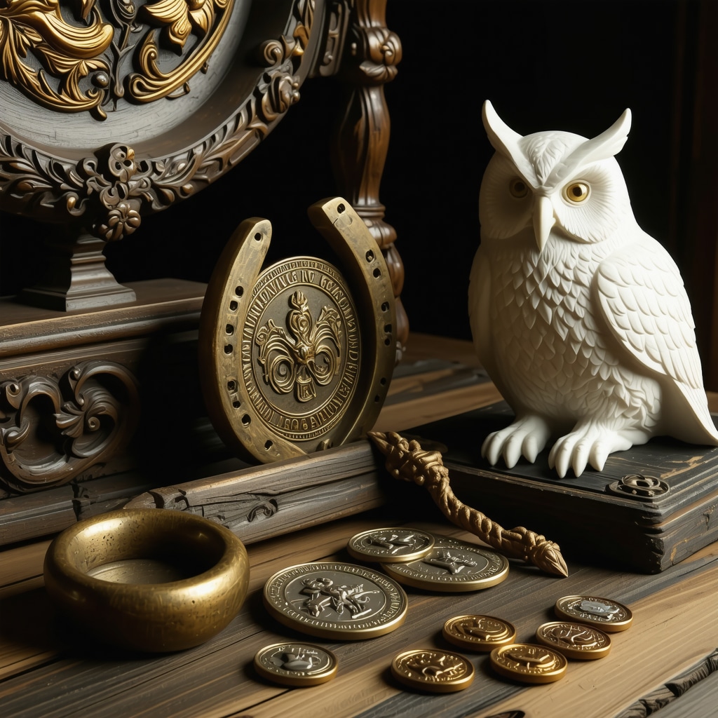 Russian amulets and ruble coins arranged in a traditional home to symbolize prosperity and money energy