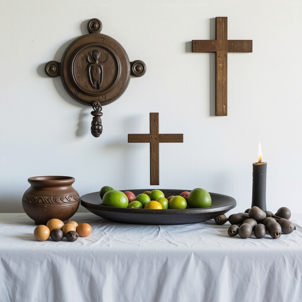 Altar with Guacal, ojo de venado, and wooden cross representing Salvadoran spiritual traditions