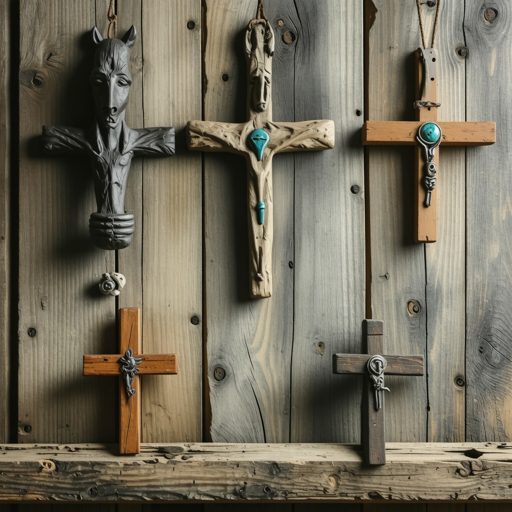 Traditional Salvadoran amulets including Guacal, ojo de venado, and wooden crosses